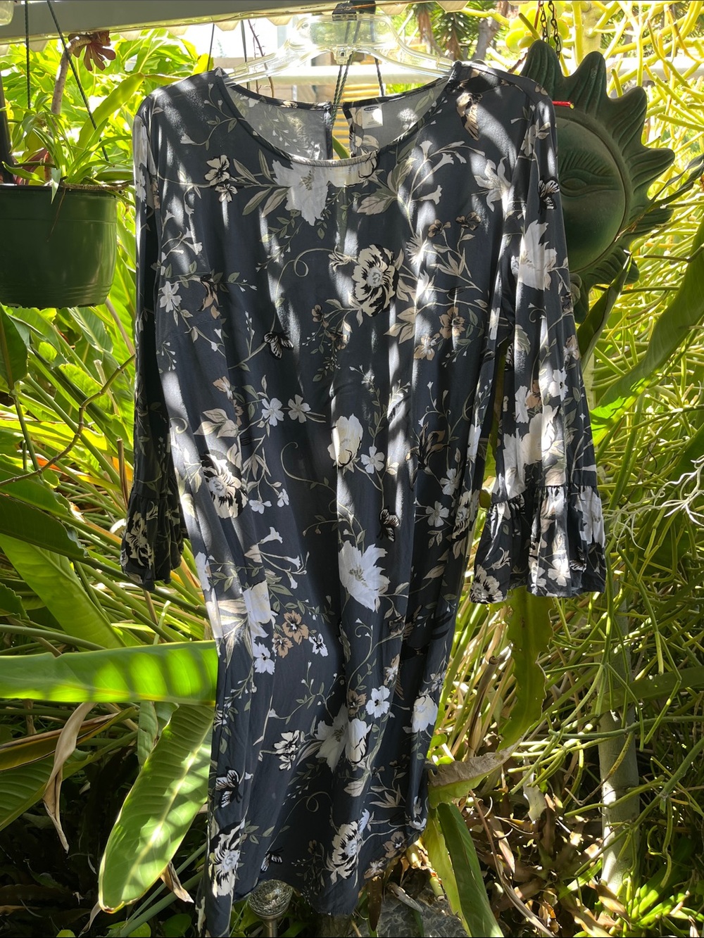 Old Navy Black Floral Midi Dress with White and Cream Flower Print